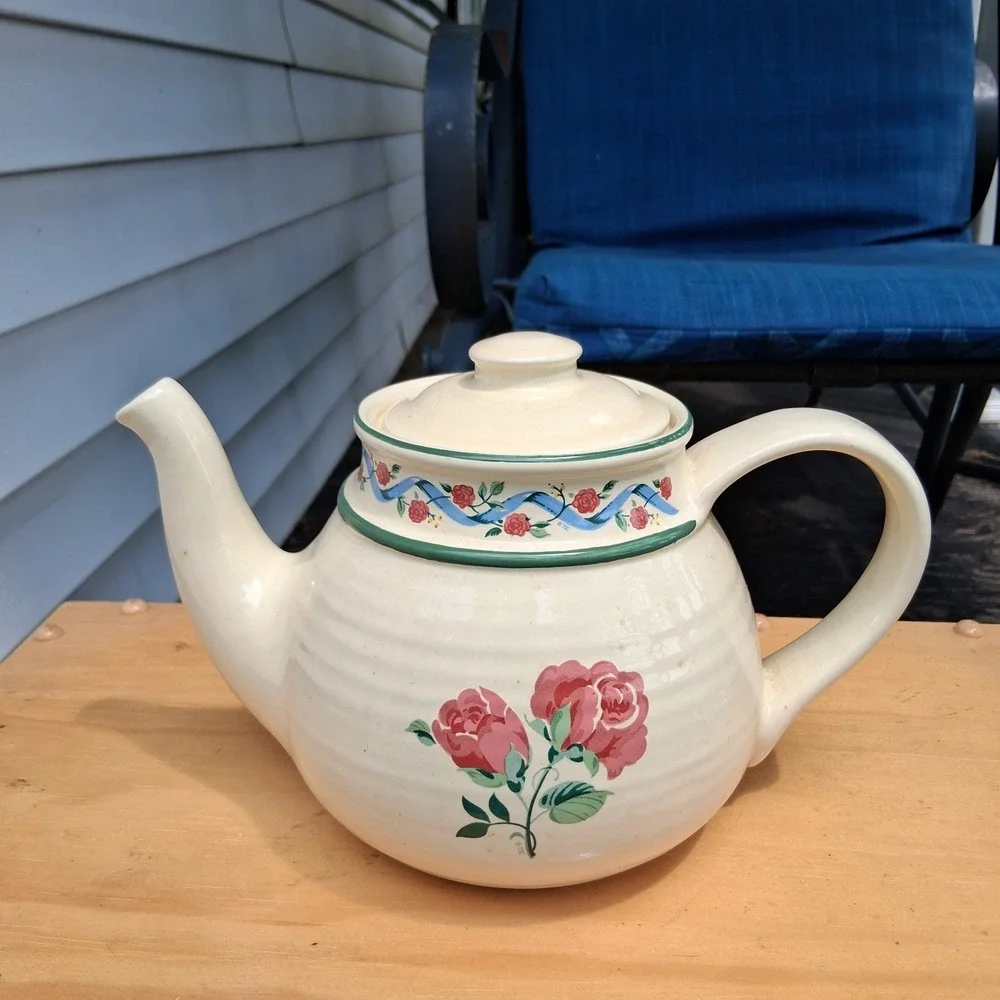 Vintage 90s Cottagecore Treasure Craft Pottery Stoneware Teapot Country Rose USA